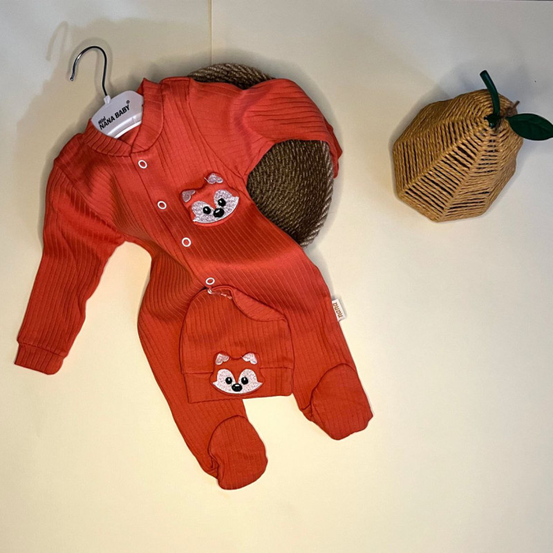 Unisex Kiremit Renkli  Kedi Kabartma Desenli Şapkalı Tulum