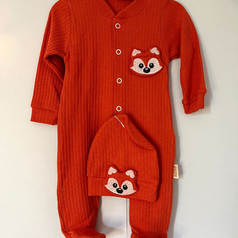 Unisex Kiremit Renkli  Kedi Kabartma Desenli Şapkalı Tulum