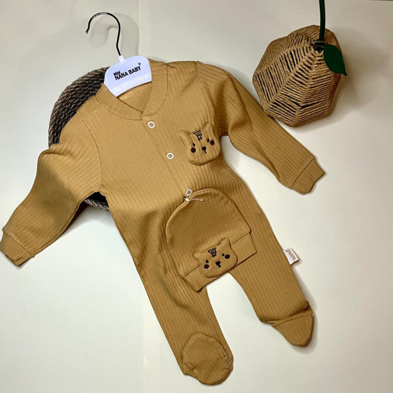 Unisex Kahverengi Kedi Kabartma Desenli Şapkalı Tulum