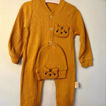 Unisex Kahverengi Kedi Kabartma Desenli Şapkalı Tulum